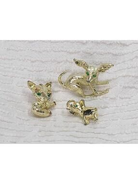 Vtg 60s Animal Pins Scatter Brooch Set Of 3 Elephant Fox Chihuahua Emerald Eyes